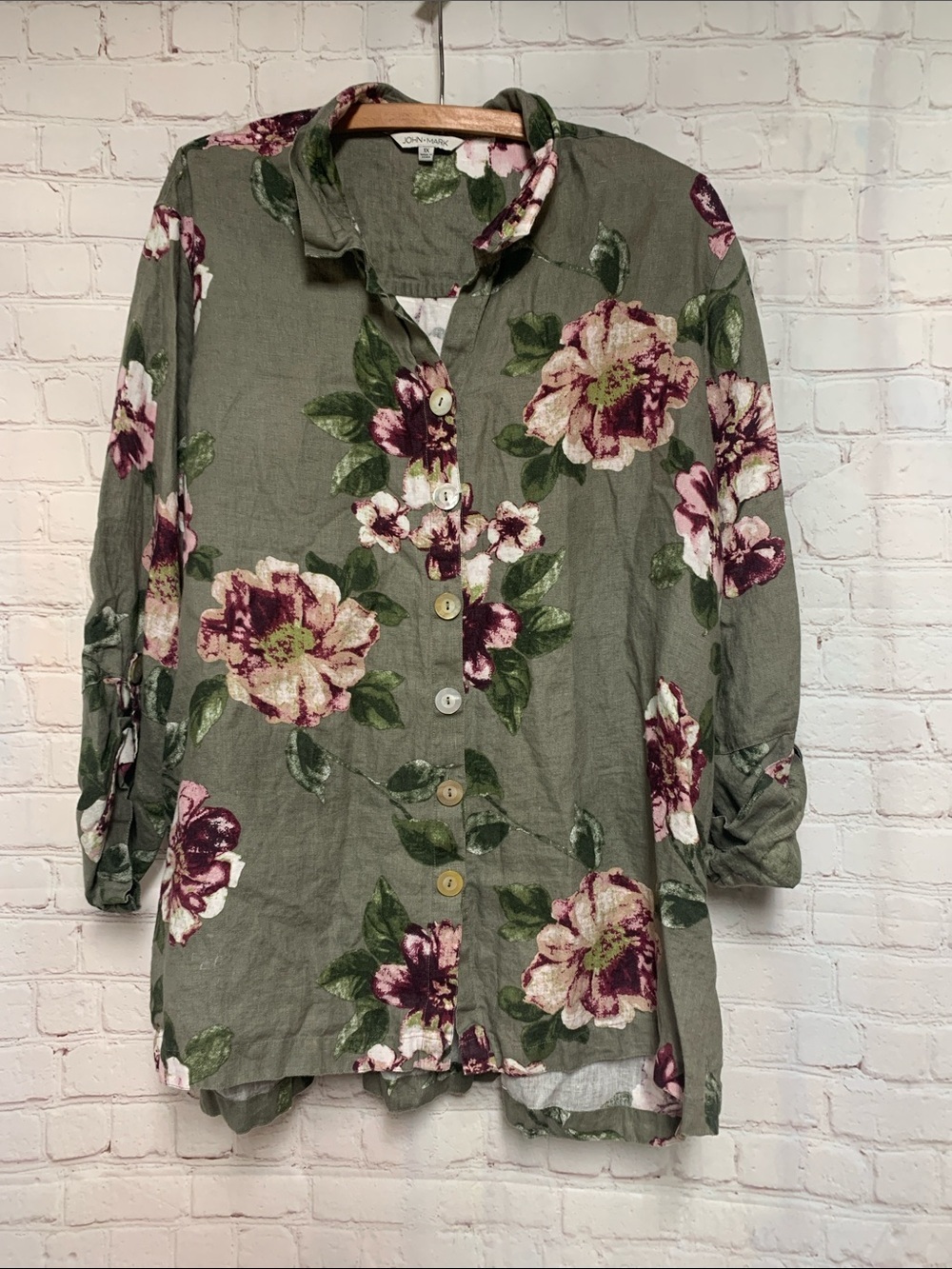 John Mark Olive Linen Top with Pink Floral Top Size 1X